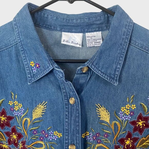 Vintage Bobbie Brooks Embroidered Floral Print Denim Button-Up Shirt Women's XL - Picture 5 of 10